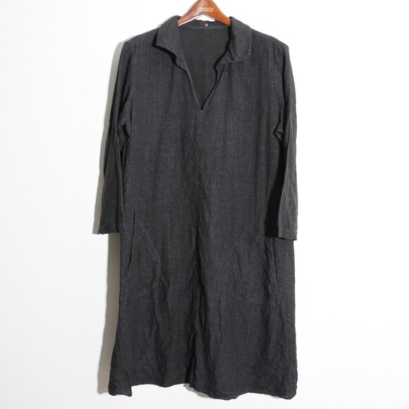 Peter Cohen 100% Linen Sheath Dress Three Quarter Sleeve Black Lagenlook Size XL - Picture 1 of 12